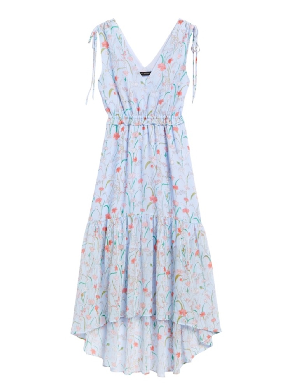 Banana Republic Blue Floral Print Sleeveless Ruched Waist High Low Midi Dress